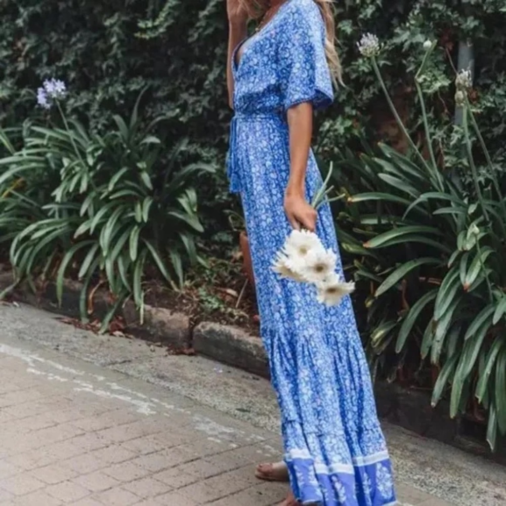 Blue Bohemian Gypsy Floral Short Sleeve V-Neck Long Casual Maxi Dress - Picture 6 of 6